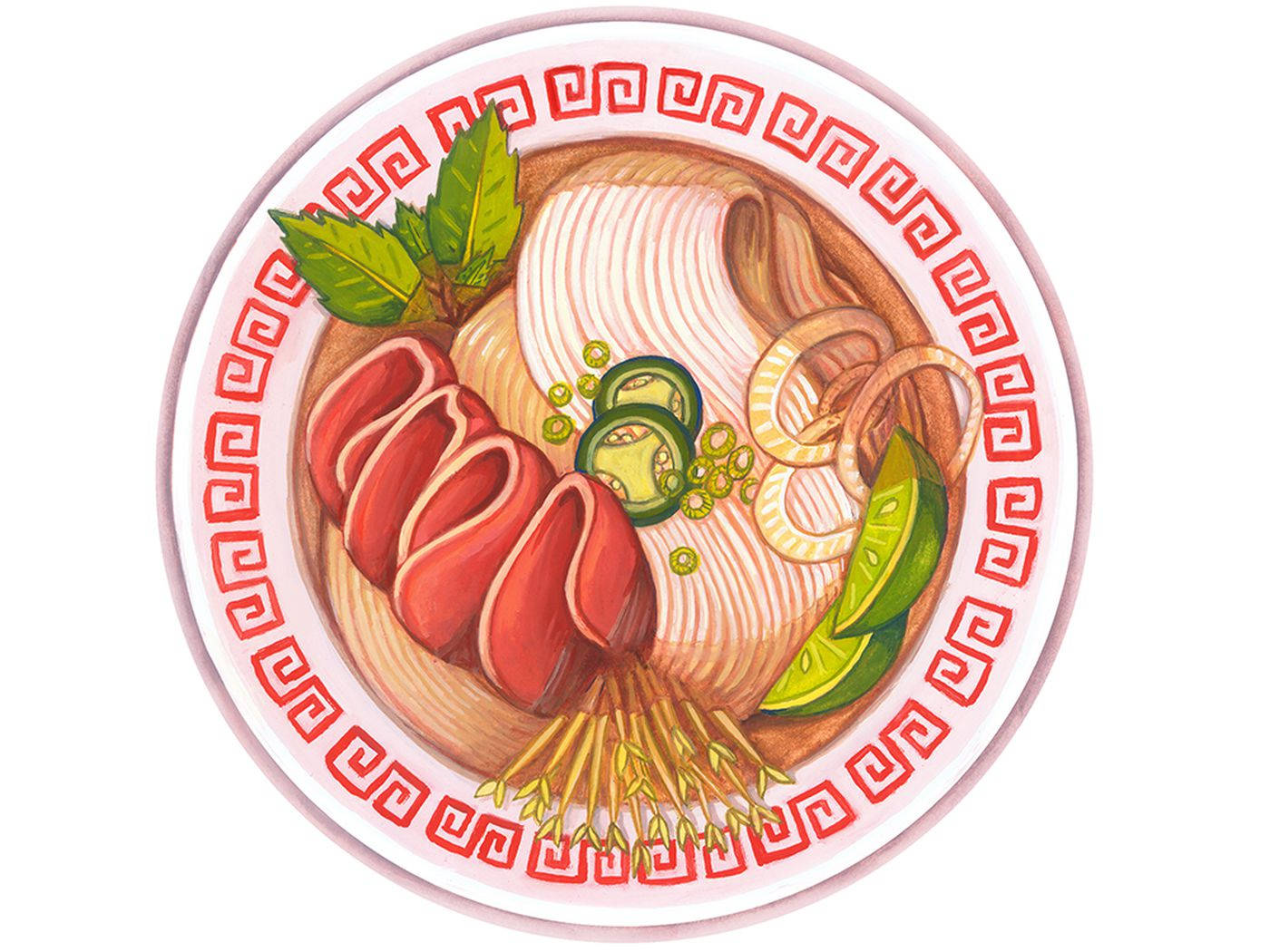 一碗拉麵，配有肉、蔥花和竹筍，放在有圖案的碟子上。