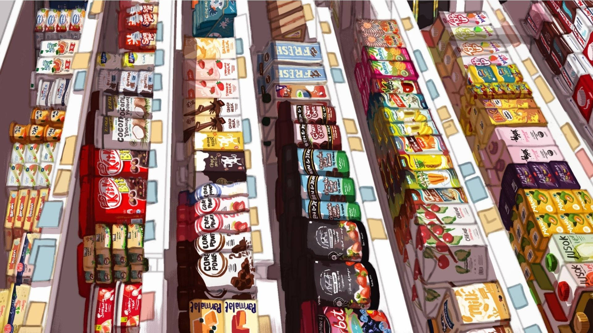 卡通風格雜貨店 壁紙 — 卡通風格雜貨店內色彩繽紛零食通道的鳥瞰圖，包裝鮮豔，產品排列整齊。