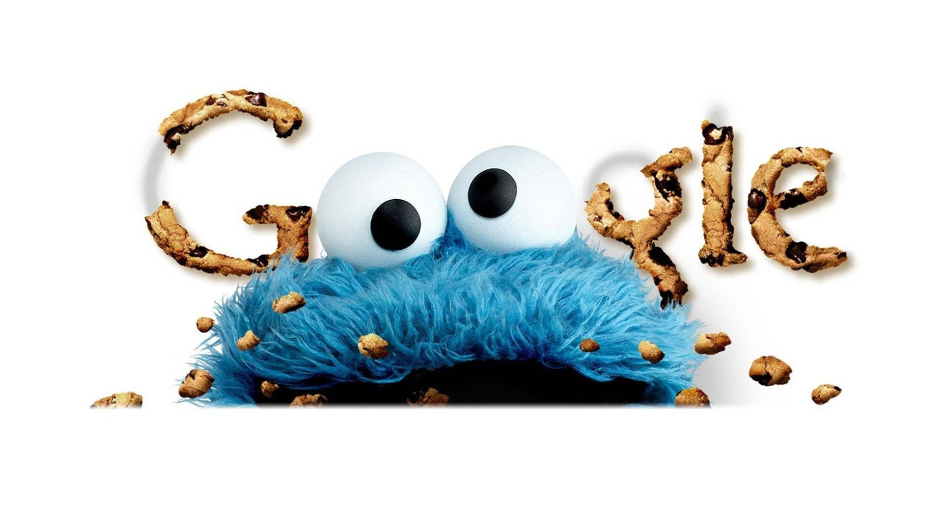 Cookie Monster 喺由曲奇製成嘅 Google 標誌後面偷望。