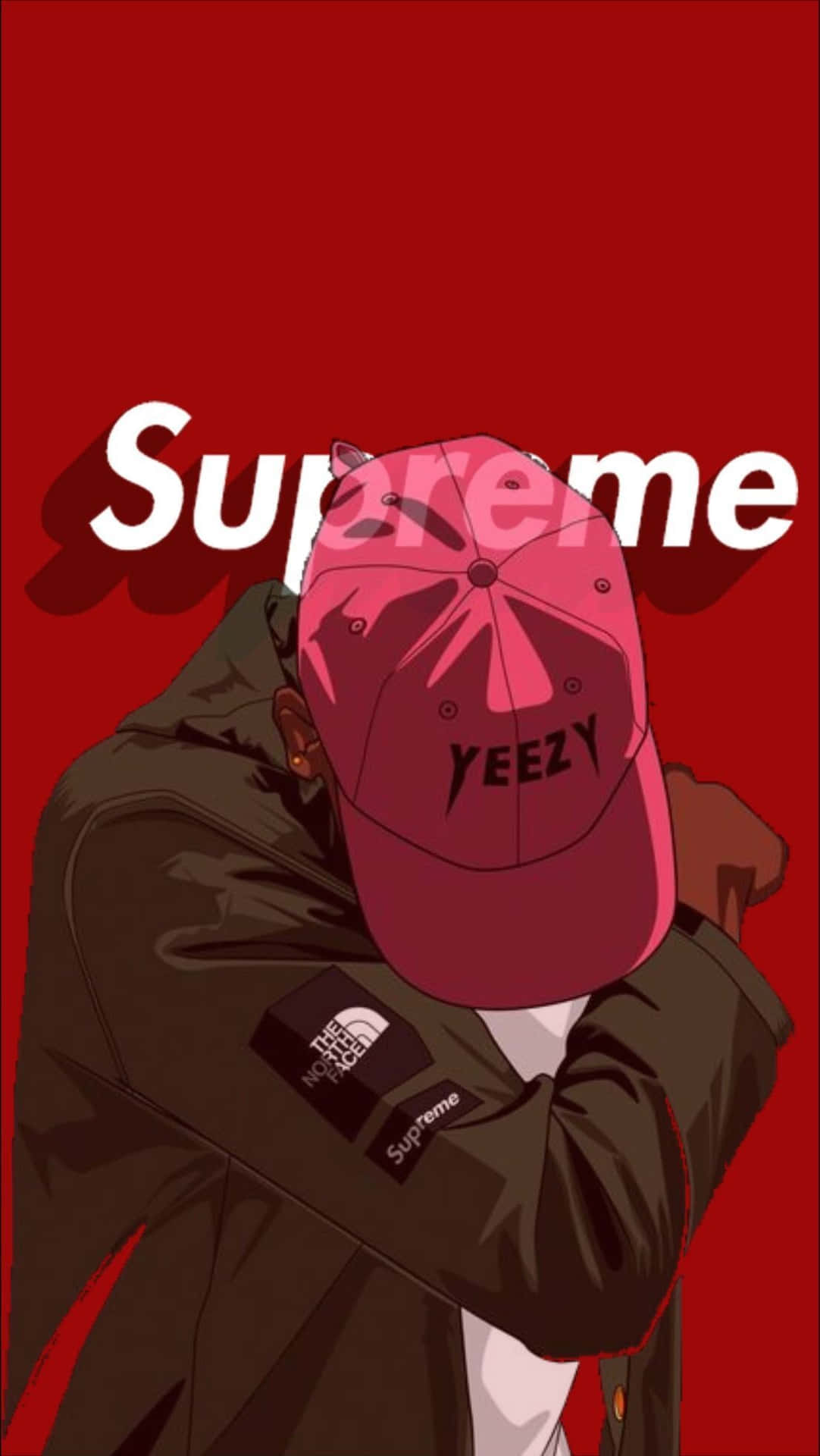 穿著Supreme和Yeezy品牌服裝的人站在紅色背景前。