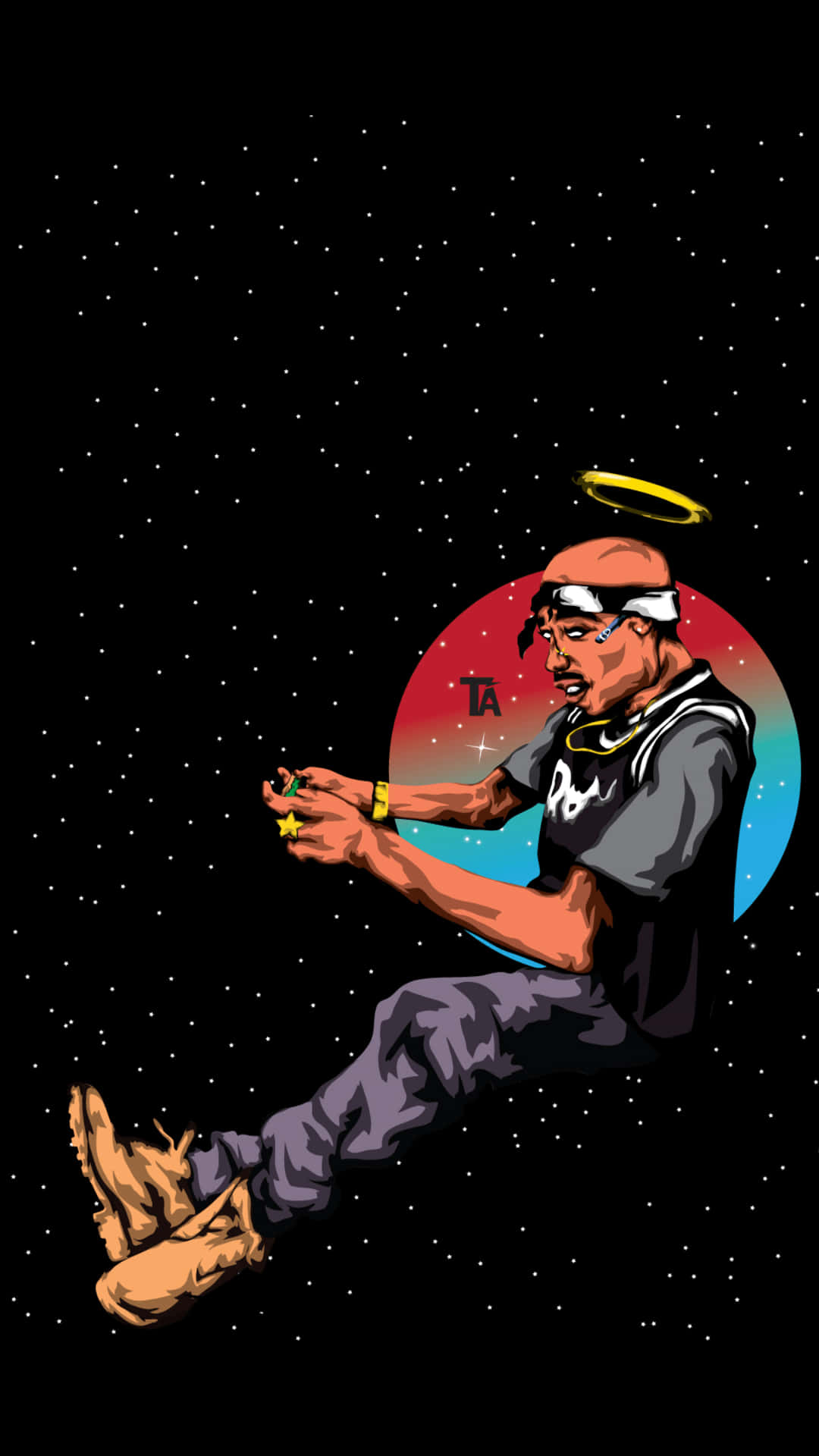 一個帶有光環嘅男人喺太空漂浮，手持一顆星星。