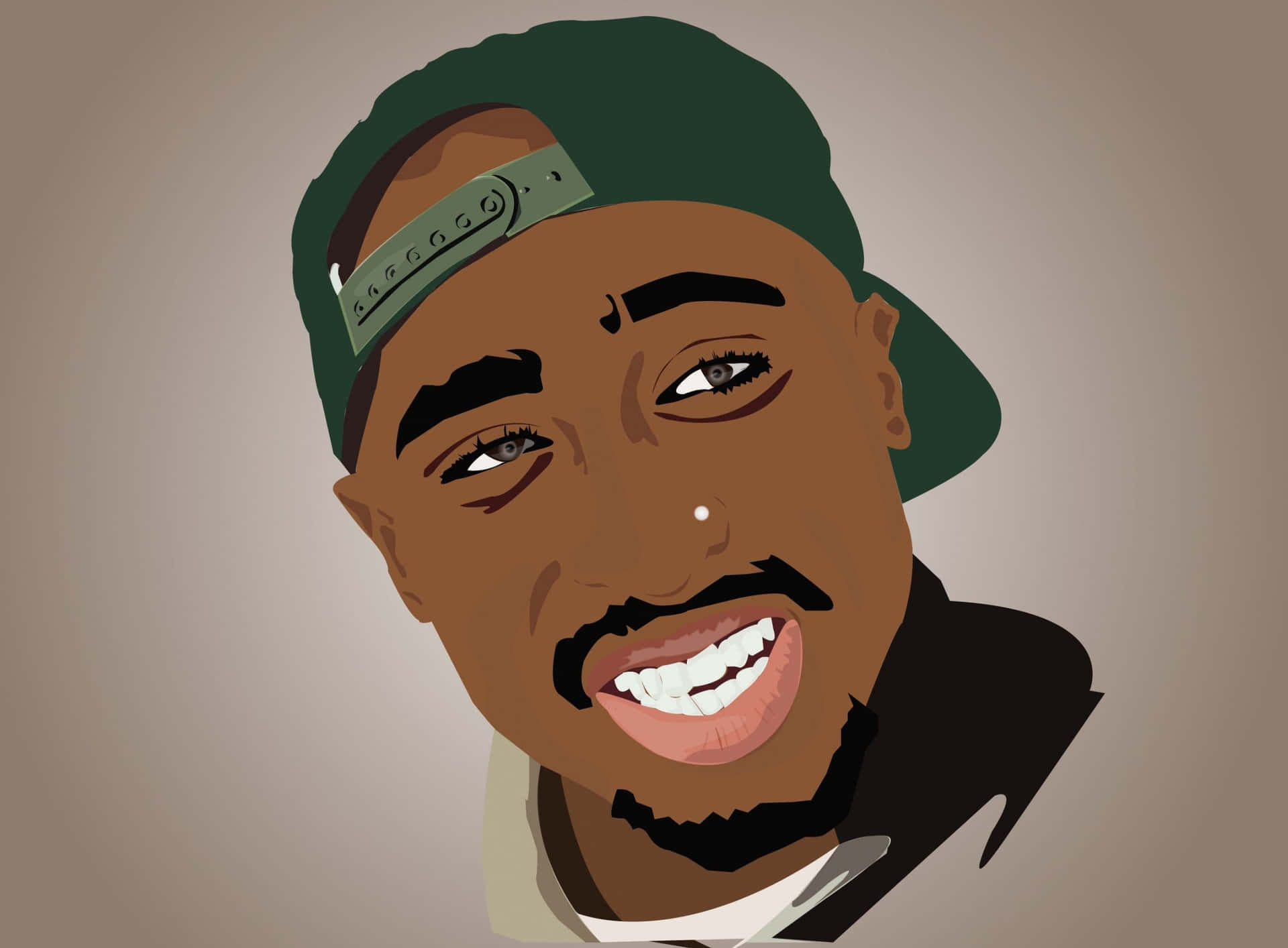 Tupac Shakur戴着綠色帽子和鼻環微笑的肖像。