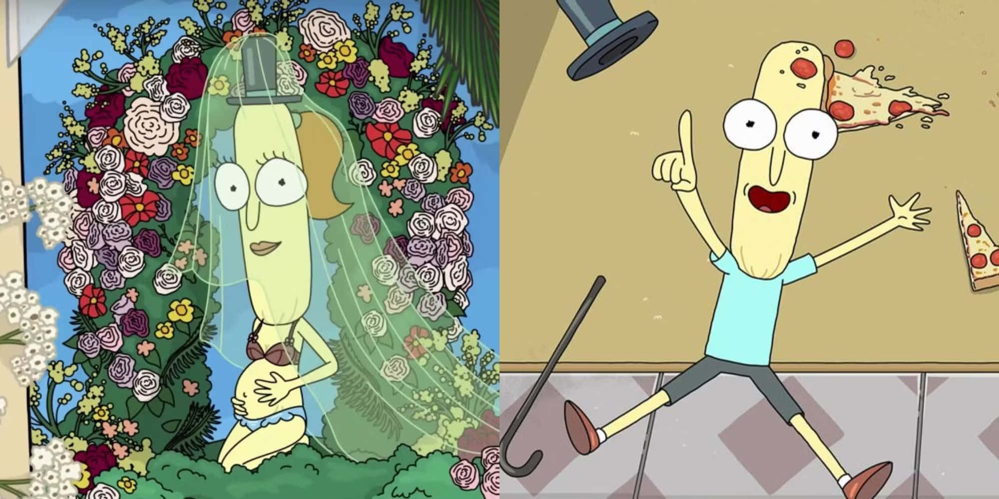 Mr Poopybutthole 桌布 壁紙 — 卡通香蕉角色，一個戴著婚紗被鮮花環繞，另一個快樂地跳舞，薄餅從他頭上飛出。
