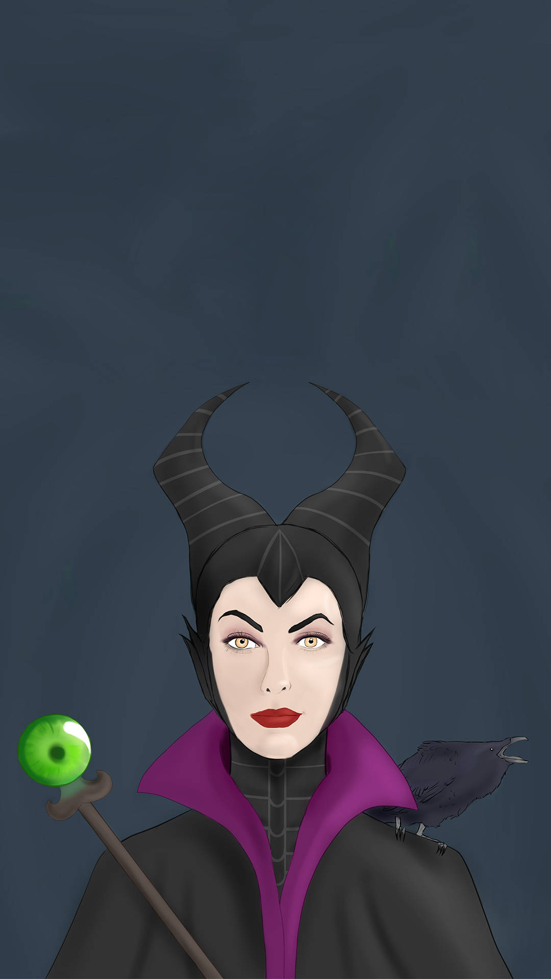 卡通魔法女藝術 壁紙 — 一位深色頭髮、黑色角、紅唇的女巫手持頂端有發光綠色球體的魔杖，一隻烏鴉棲息在她肩上，背景是陰鬱的灰色。