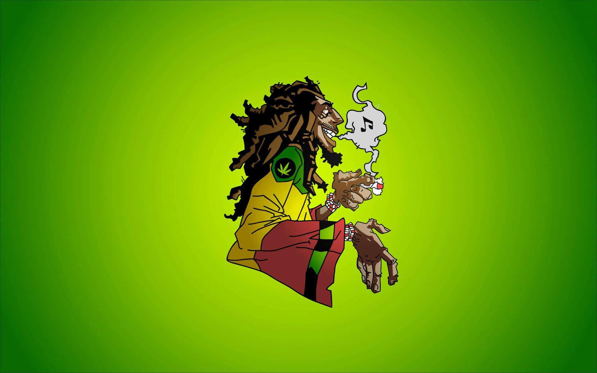 卡通鮑勃·馬利抽煙卷 壁紙 — 一個帶有辮子的拉斯特法里卡通男人正在吸食大麻煙，煙霧中飄出音符，背景是充滿活力的綠色漸變。