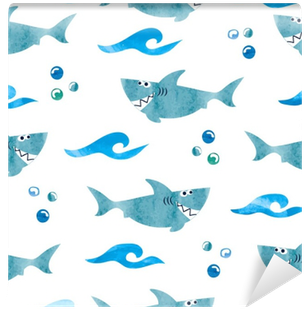 卡通鯊魚圖案 壁紙 — 頑皮的藍色鯊魚和波浪在白色背景上以重複圖案游動，帶有散落的氣泡。