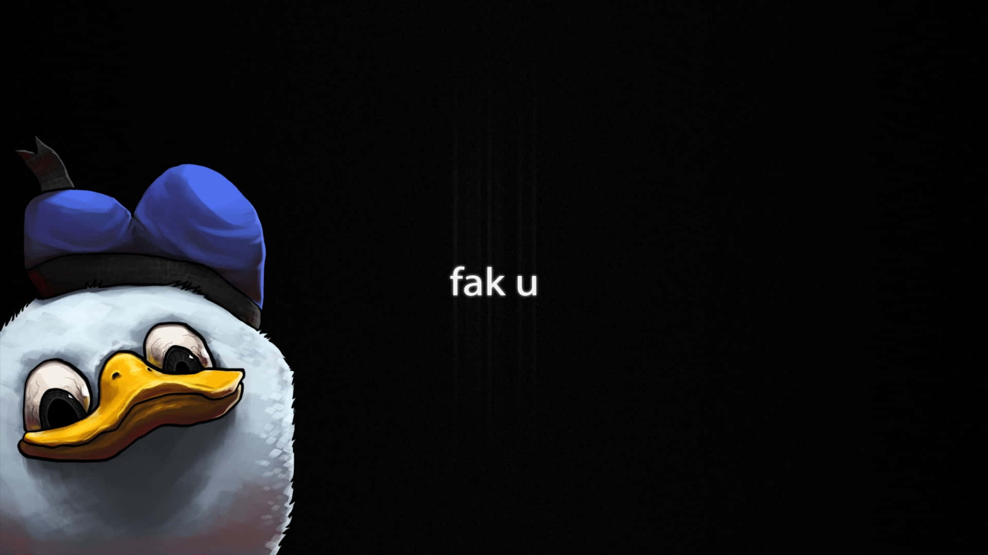 卡通鴨子戴藍色蝴蝶結，黑色背景上有fak u文字