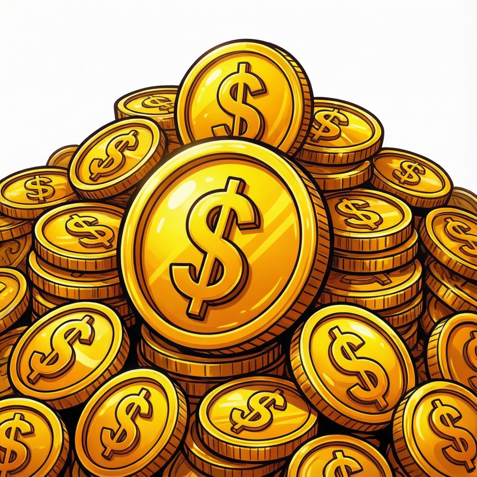 卡通黃金硬幣堆 壁紙 — 一堆充滿活力的卡通風格金幣，帶有美元符號，在明亮光線下閃閃發光。