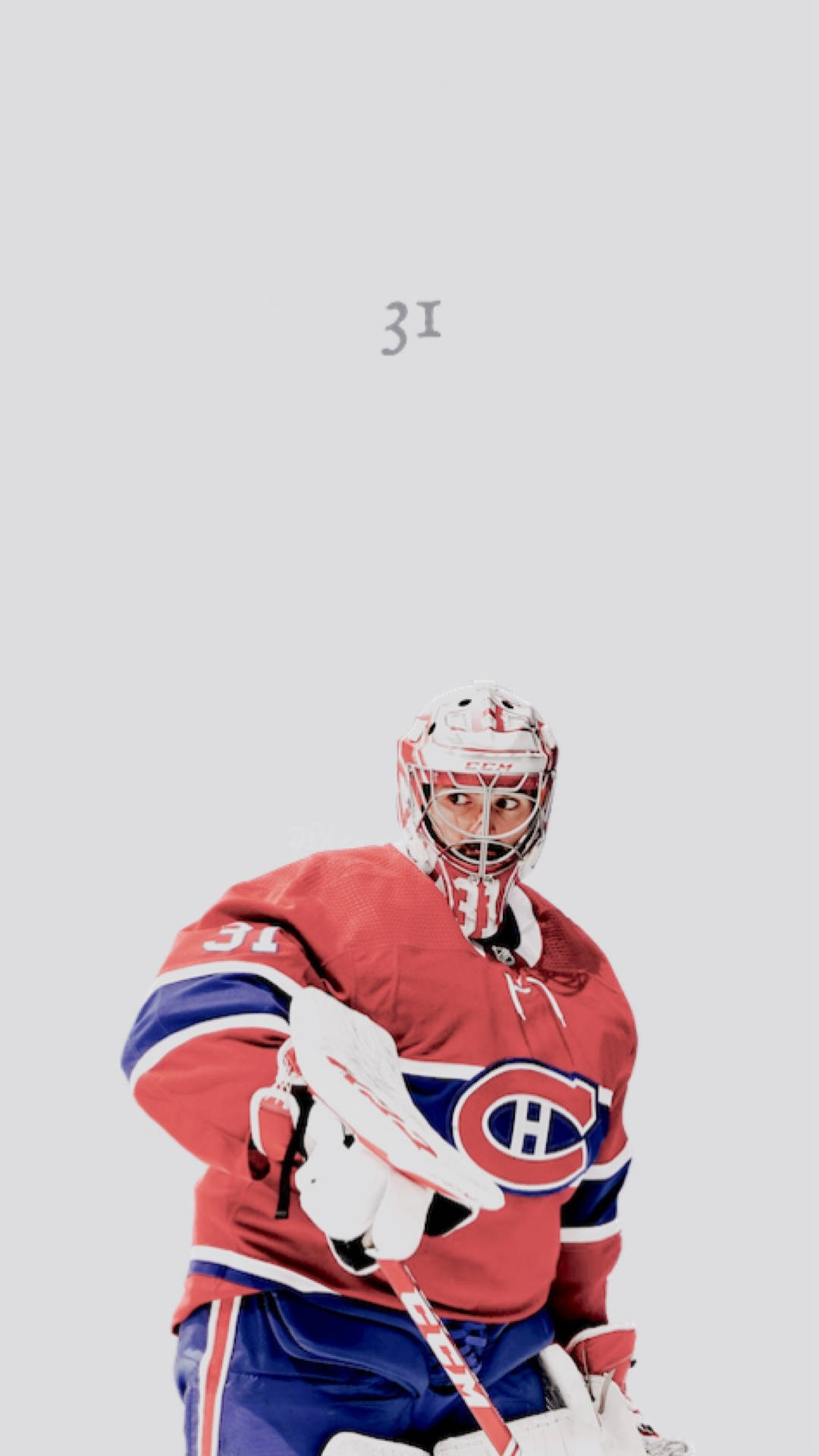 卡里·普萊斯 NHL 蒙特利爾加拿大人隊 最簡主義藝術 壁紙 — 一名身穿紅藍白色制服、背號31的冰球守門員，在純淺灰色背景下凝視前方。
