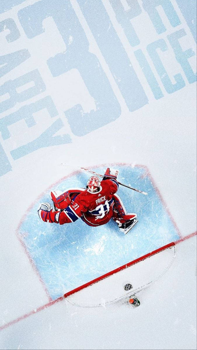 卡里·普萊斯 NHL 蒙特利爾加拿大人隊 空中攝影 壁紙 — 一名身穿紅色裝備的冰球守門員飛身撲救，阻擋冰上的射門，頭頂有「KEEP ICE」字樣。