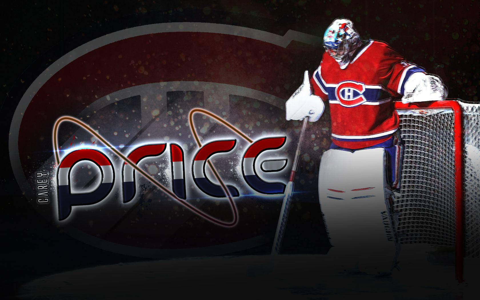 卡里·普萊斯 NHL 蒙特利爾加拿大人隊 數位粉絲藝術 壁紙 — 冰球守門員Carey Price身穿蒙特利爾加拿大人隊裝備，在球門前準備就緒，身後有發光的「PRICE」文字。