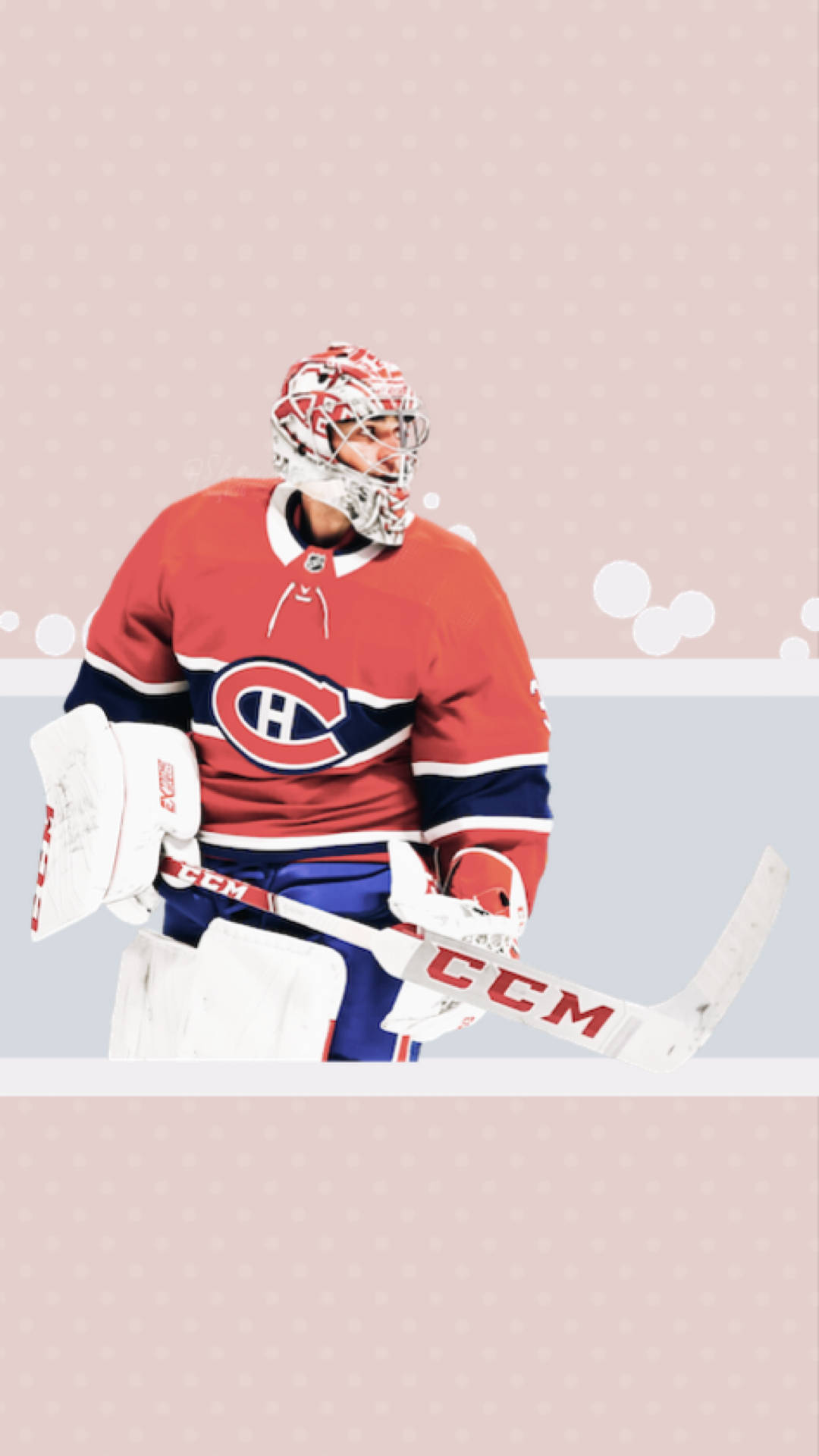 卡里·普萊斯蒙特利爾加拿大人隊NHL插畫藝術 壁紙 — 一名身穿蒙特利爾加拿大人隊裝備的冰球守門員，在帶有泡泡圖案的柔和粉紅與灰色背景前，手持球棍蓄勢待發。