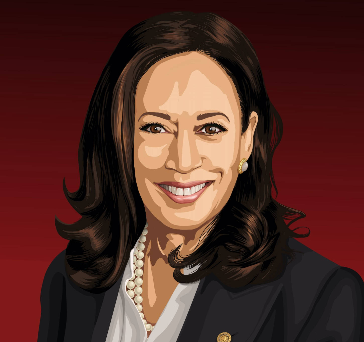 卡馬拉·哈里斯 數位繪畫 壁紙 — 一幅充滿活力的數碼肖像，描繪一位微笑的黑髮女性，佩戴珍珠項鍊和深色西裝外套，背景為深紅色。