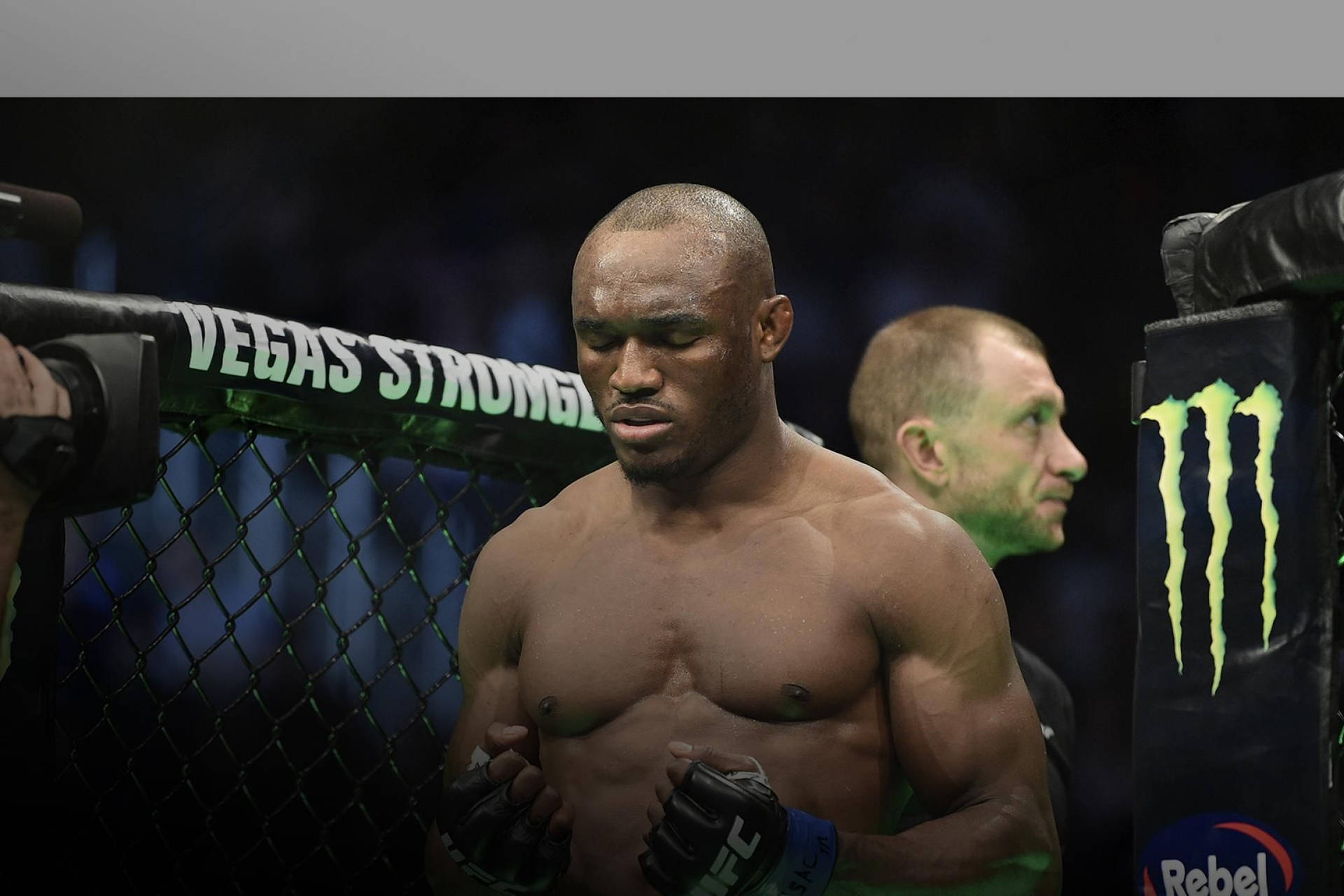 一個赤裸上身、戴著手套的MMA鬥士站在帶有發光標誌的八角籠內。