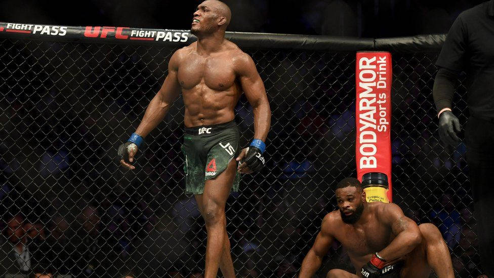 UFC拳手在八角籠中戰勝對手後站立。