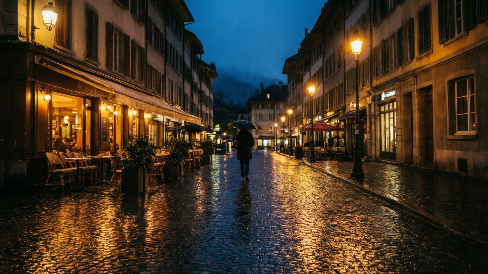 卡魯日雨夜 壁紙 — 一個孤獨的身影撐著傘，在夜晚沿著被雨水打濕的鵝卵石街道行走，溫暖的咖啡館燈光反射在濕漉漉的石頭上。
