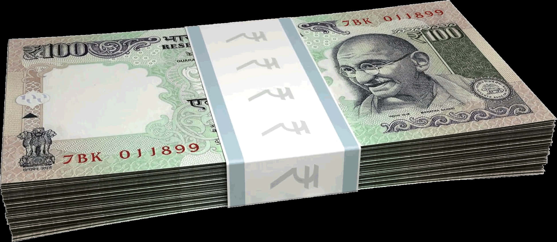 印度100盧比鈔票堆疊 壁紙 — 一疊疊印度100盧比紙幣，用白色綁帶捆紮，放在黑色背景上。