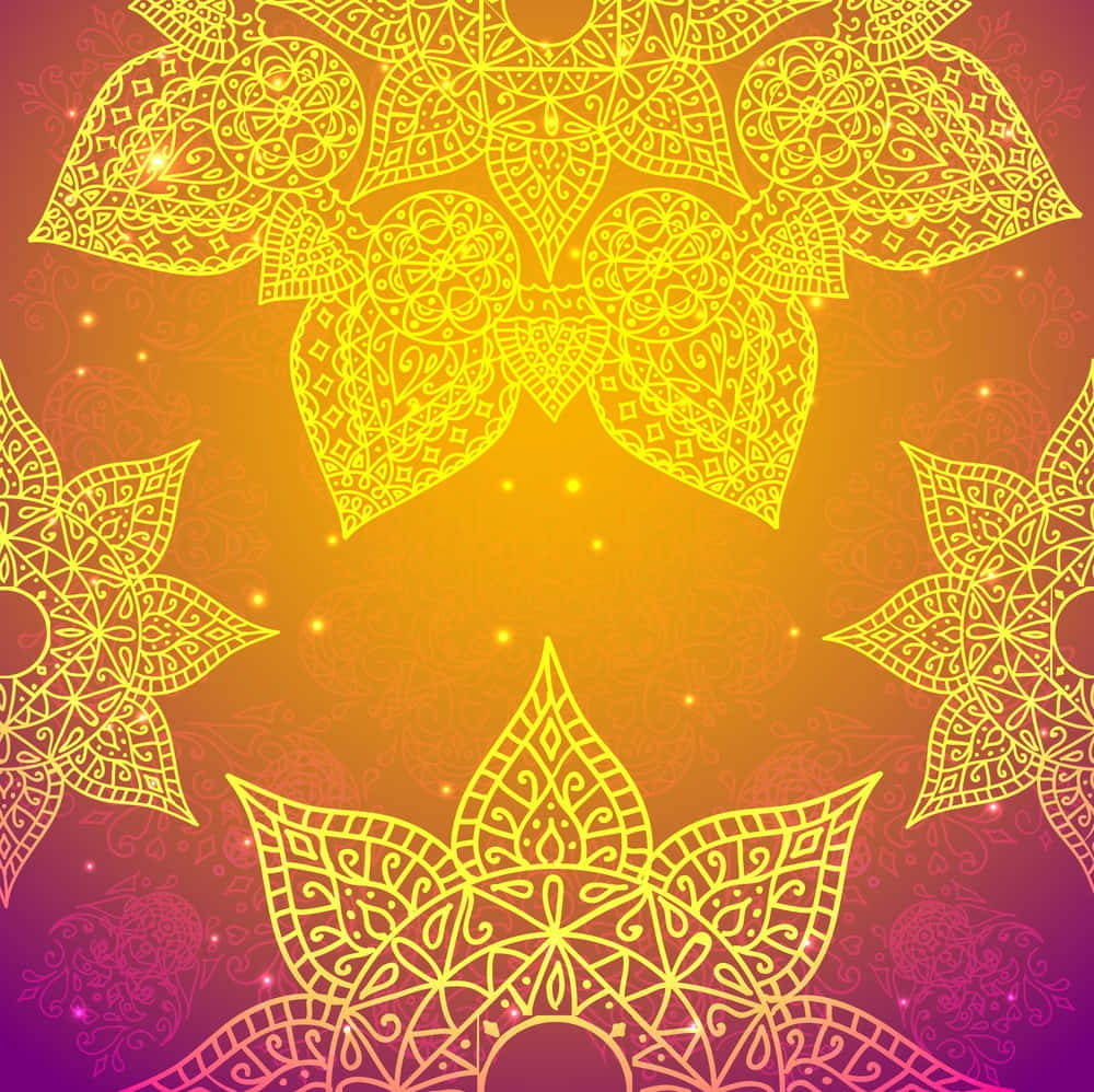 印度古風日出景觀 壁紙 — 充滿活力的漸變背景，帶有複雜的金色曼陀羅圖案，在溫暖的橙色和紫色色調中發光。