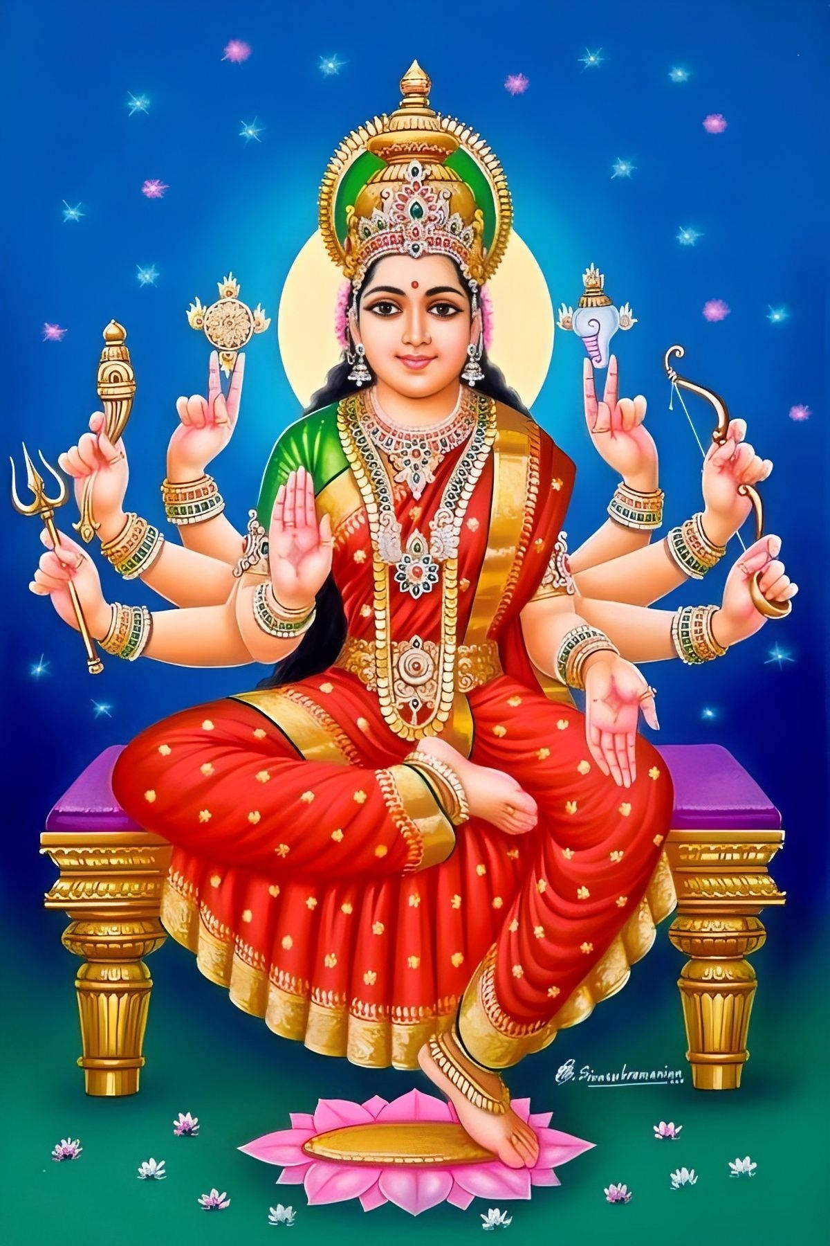 一位神聖的印度教女神，擁有眾多手臂，手持聖物，坐在星空下的寶座上。