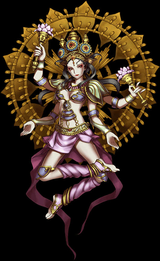 印度教女神拉克希米插畫 壁紙 — 一位多臂動漫女神，身穿華麗金色盔甲和紫色長袍，在黑色背景前手持蓮花頂火炬。