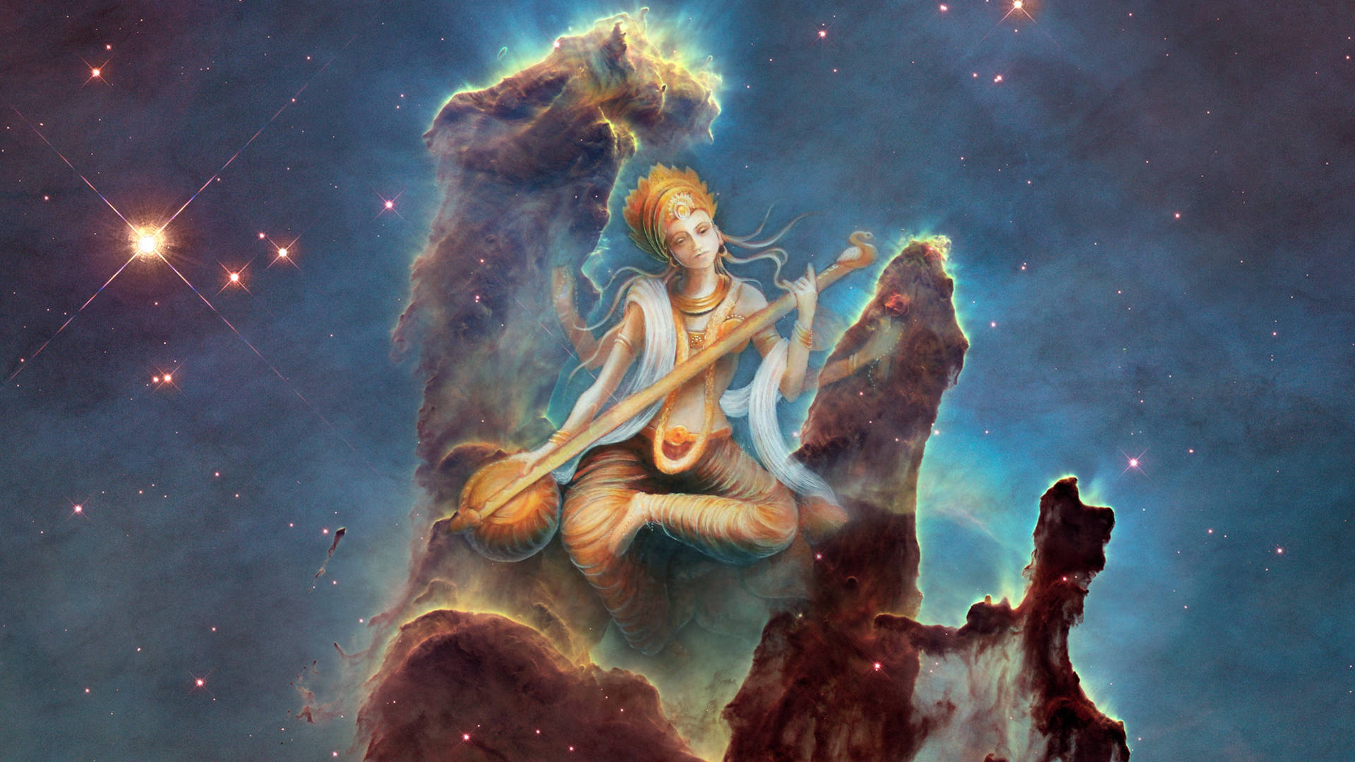 印度教女神薩拉斯瓦蒂畫作 壁紙 — 一位金髮的神聖人物坐在宇宙星雲之上，在星空下吹奏長笛。