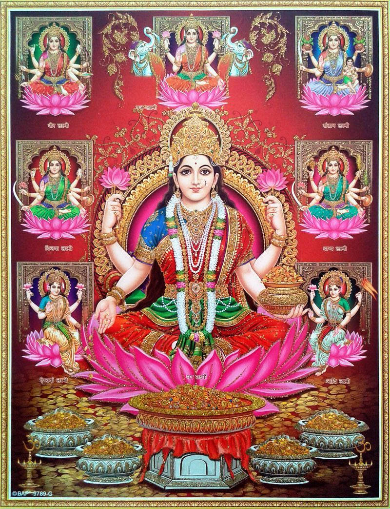 印度教女神坐在蓮花上，周圍有八個較小的神祇，鑲嵌在華麗的畫框中。