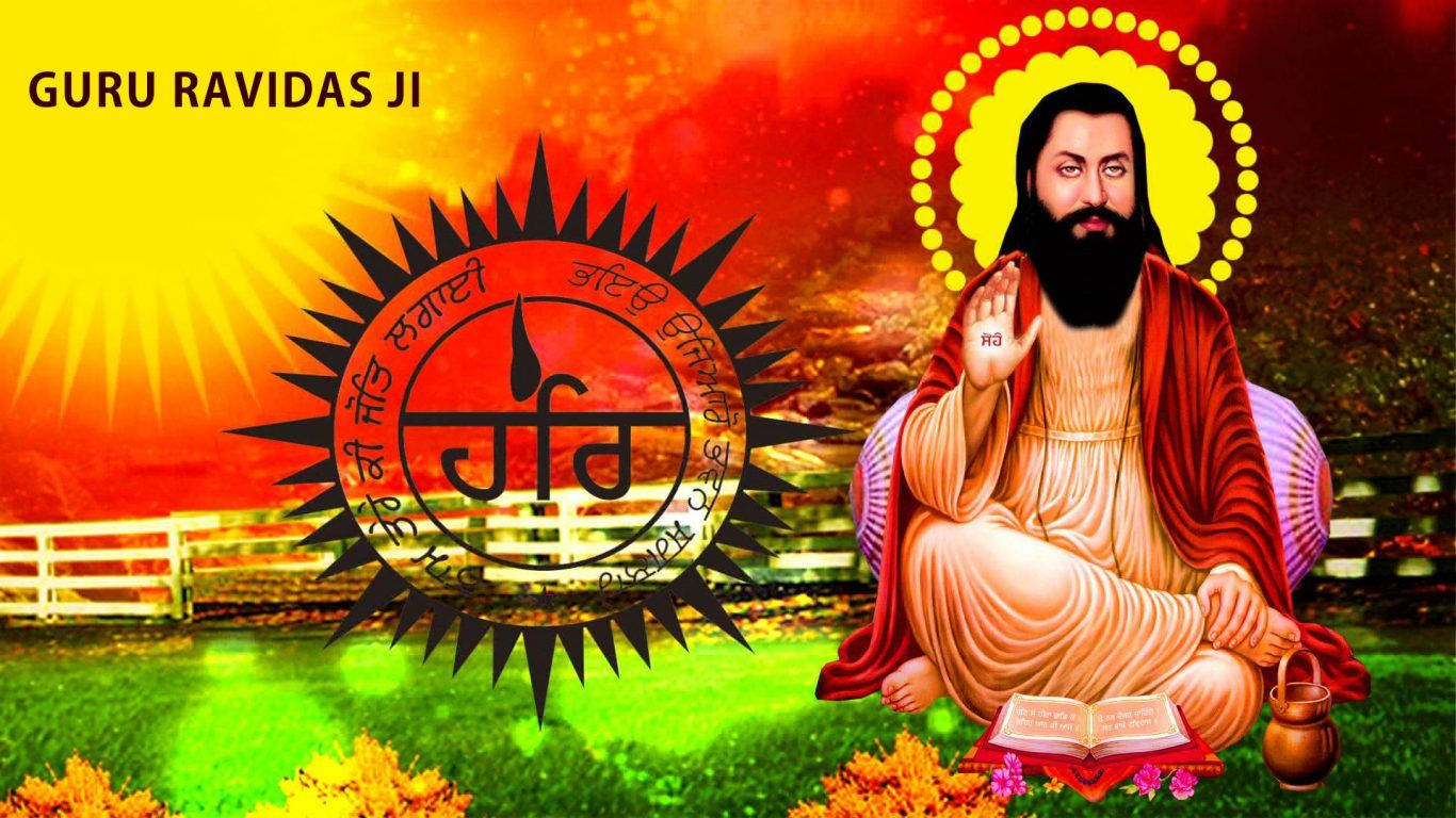 古魯拉維達斯·吉（Guru Ravidas Ji）帶著光環冥想，在日落天空下，旁邊有一個神聖的標誌。