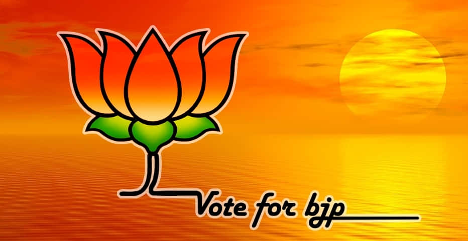 日落海上的橙色蓮花符號，文字為 Vote for bjp