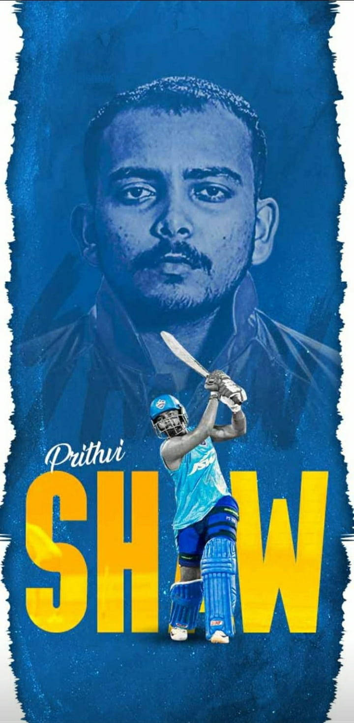 板球手 Prithvi Shaw 的打擊姿勢，他的肖像和名字以大膽的藍色和黃色設計呈現。