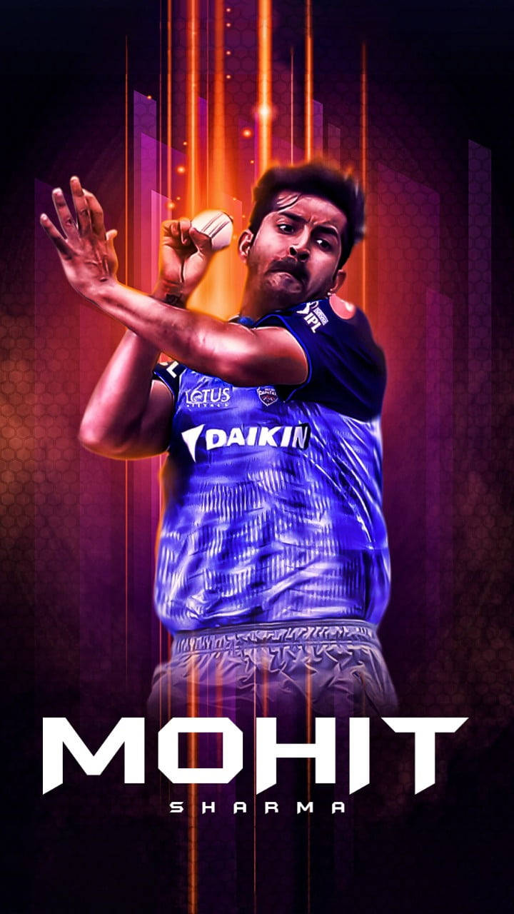 板球運動員 Mohit Sharma 在發光背景中擺出擊球姿勢。