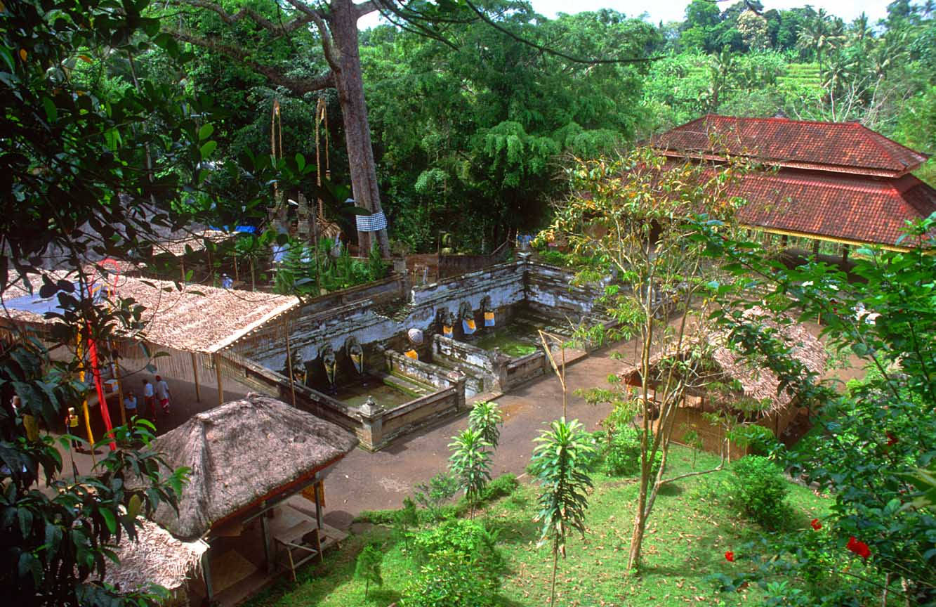 印度果阿廟宇 壁紙 — 俯瞰鬱鬱蔥蔥的峇里島寺廟建築群，石池周圍環繞著茂密的綠植和傳統的茅草屋頂小屋。