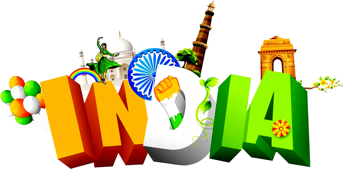 印度獨立日慶祝圖形 壁紙 — 充滿活力的3D渲染單詞「INDIA」，飾有國家象徵和地標，背景為黑色。