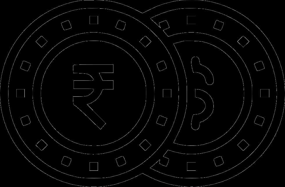 印度盧比硬幣輪廓 壁紙 — 兩個重疊的印度盧比硬幣輪廓，以白色線條藝術繪製在黑色背景上。