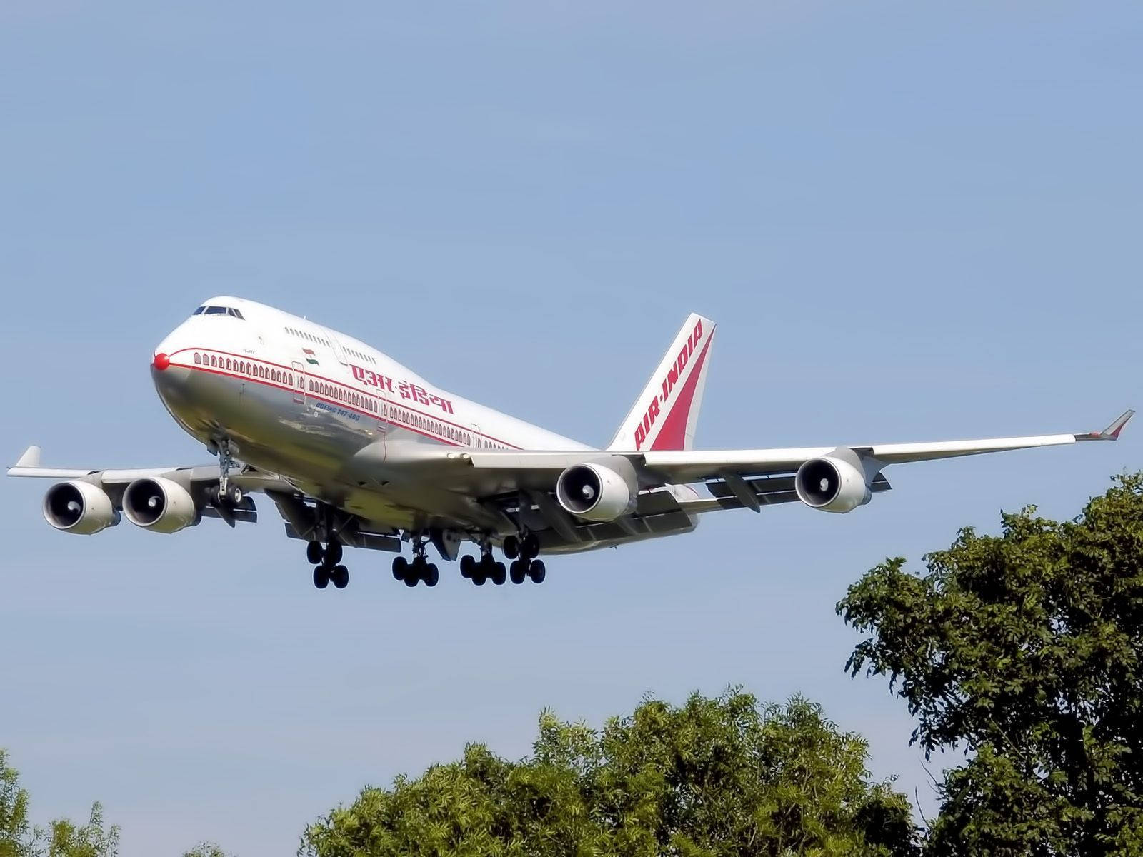 印度航空波音747飛機降落，下方有樹木，上方有藍天。