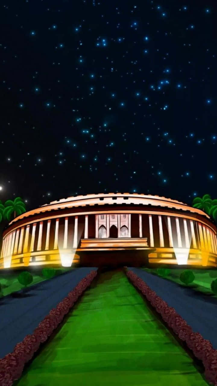 印度議會大廈——民主的殿堂 壁紙 — 一座宏偉的圓頂建築在星空下夜間亮起，一條充滿活力的綠色小徑通往其入口。