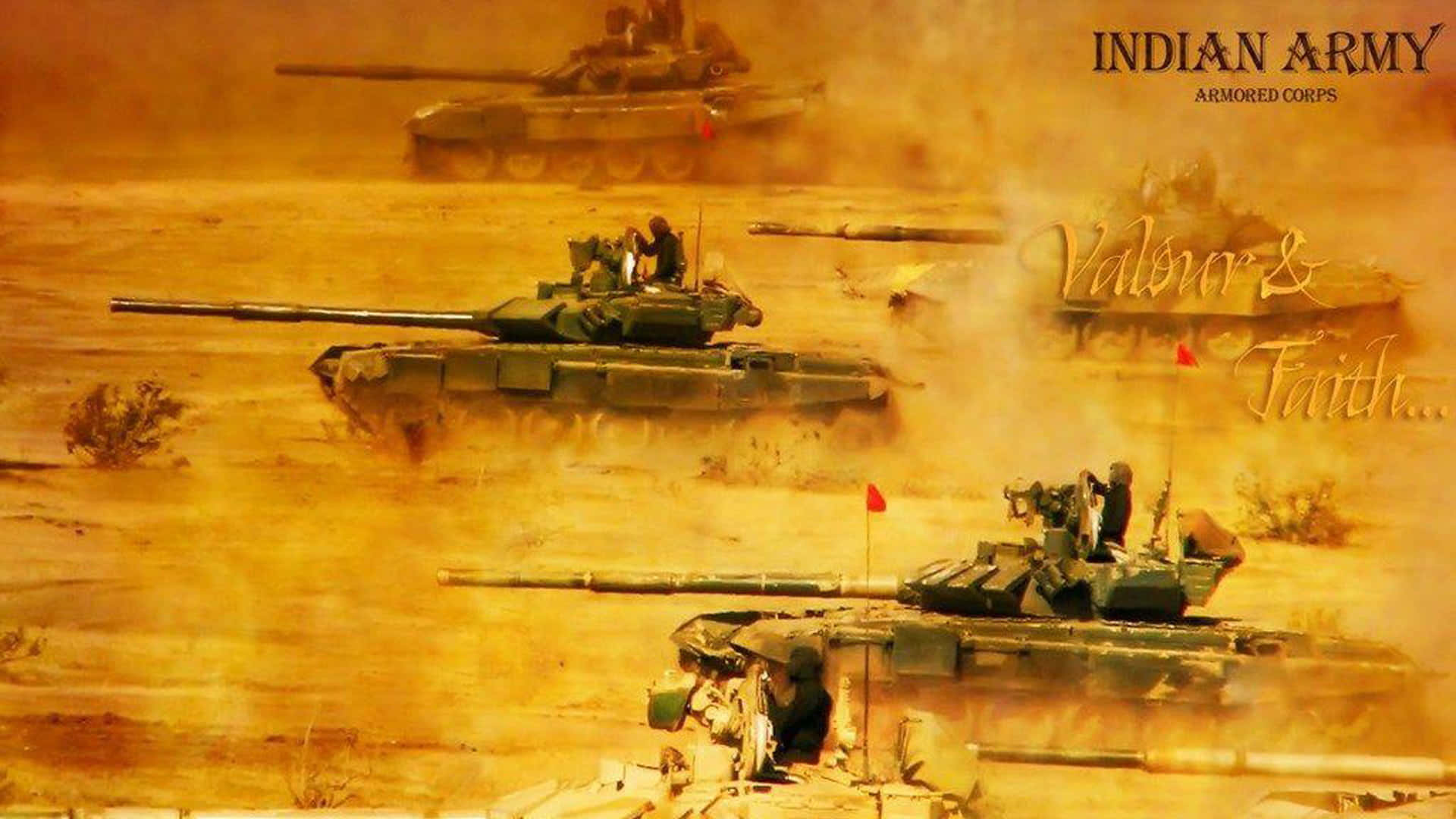 Indian Army 桌布 壁紙 — 印度陸軍坦克在塵土飛揚的沙漠戰場上衝鋒，揚起金色沙塵，展現力量與勇氣。