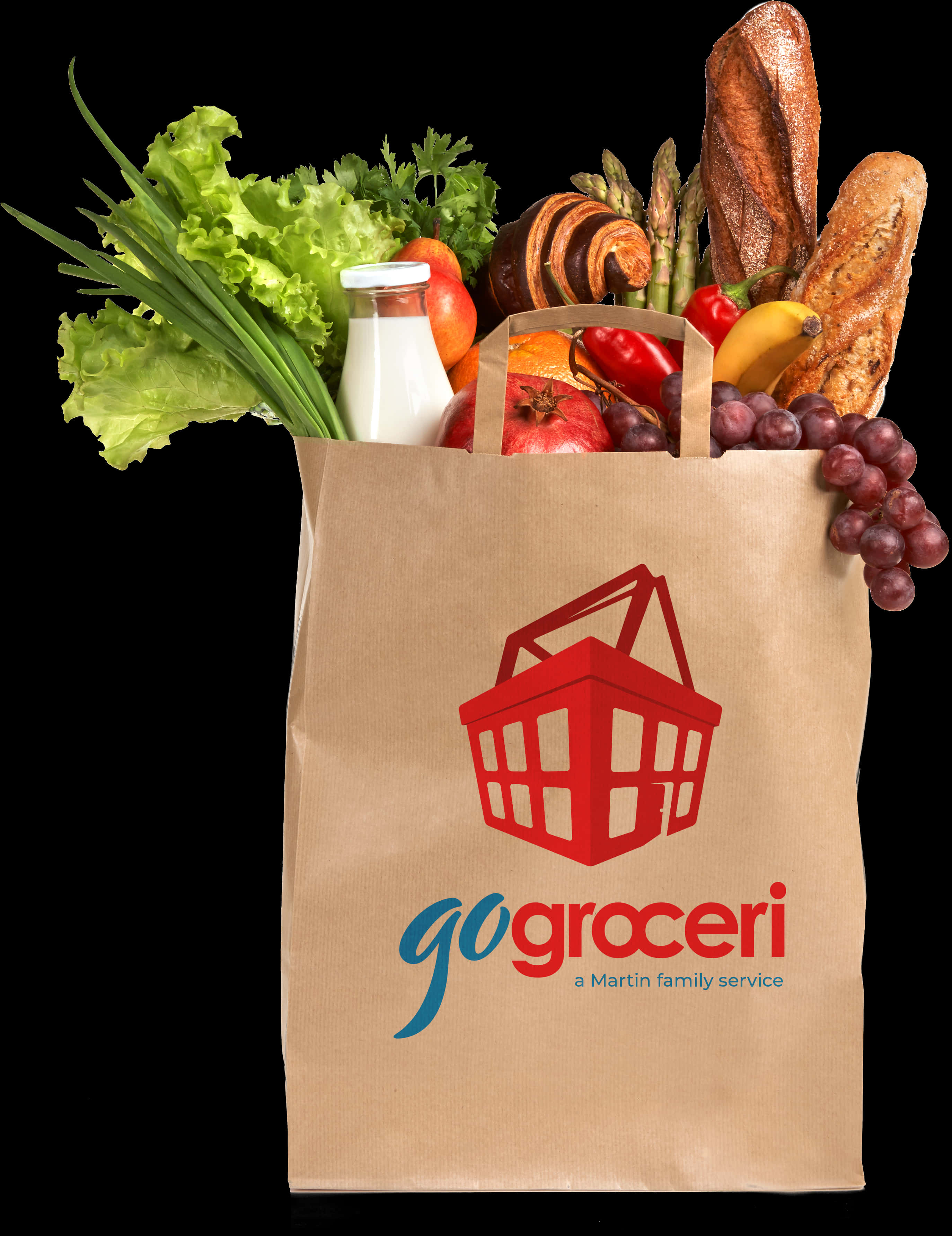 印有「gogroceri」標誌的鮮食紙袋 壁紙 — 一個棕色紙購物袋，裝滿新鮮農產品、麵包和乳製品，置於黑色背景前。