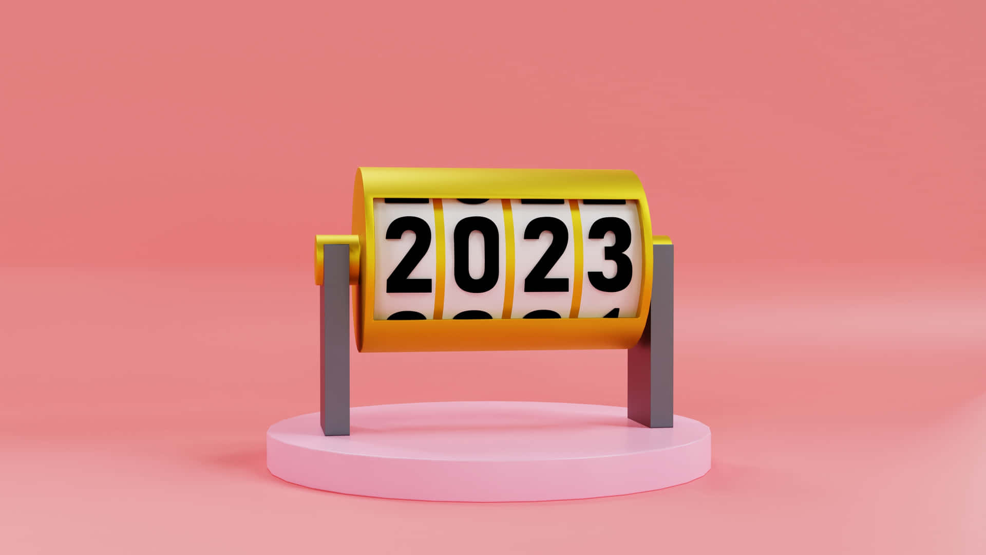 一個3D渲染的機械日曆，在粉紅色底座上顯示2023年。