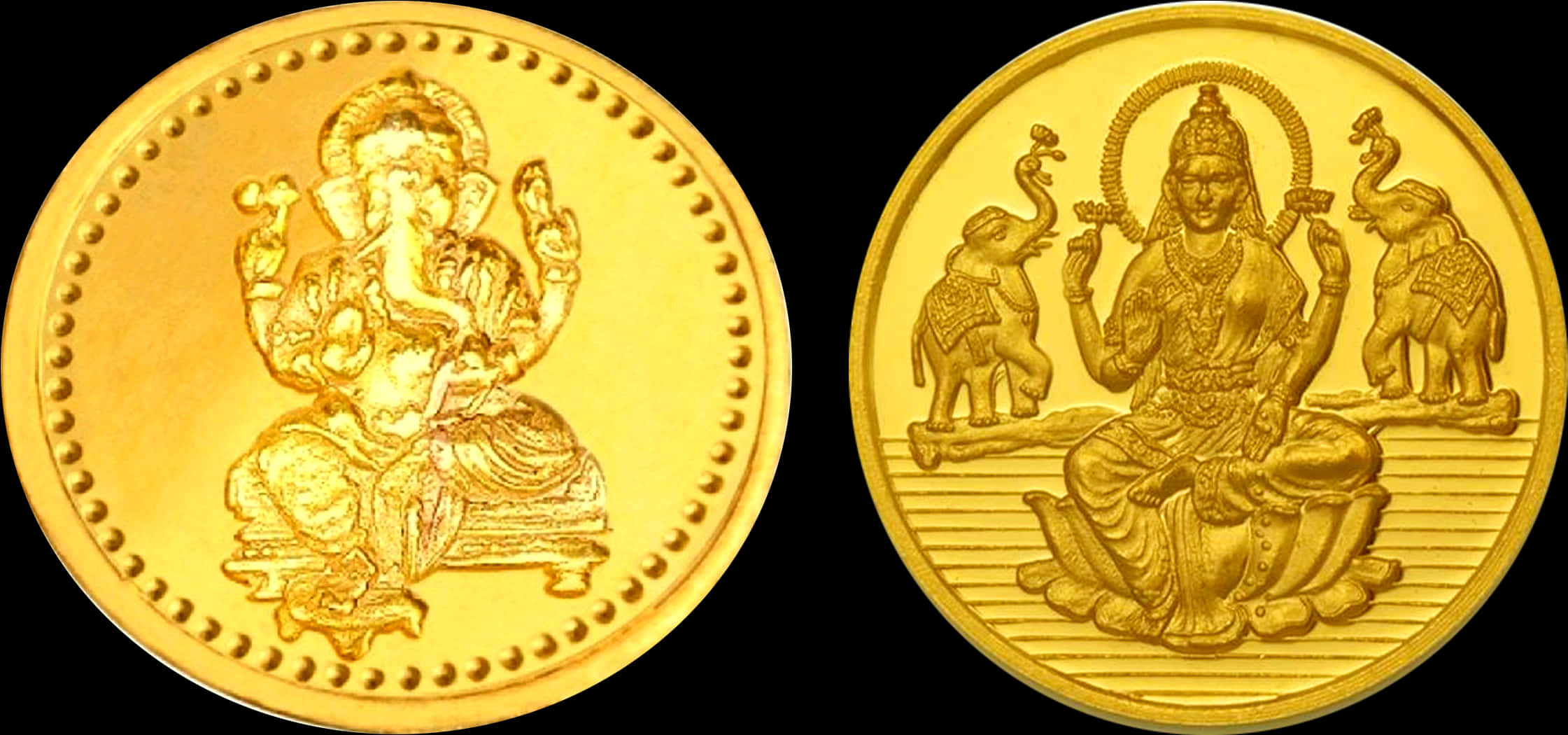 印有印度教神祇的金幣 壁紙 — 兩枚金幣上刻有精緻的浮雕印度教神祇象頭神和吉祥天女，背景為純黑色。