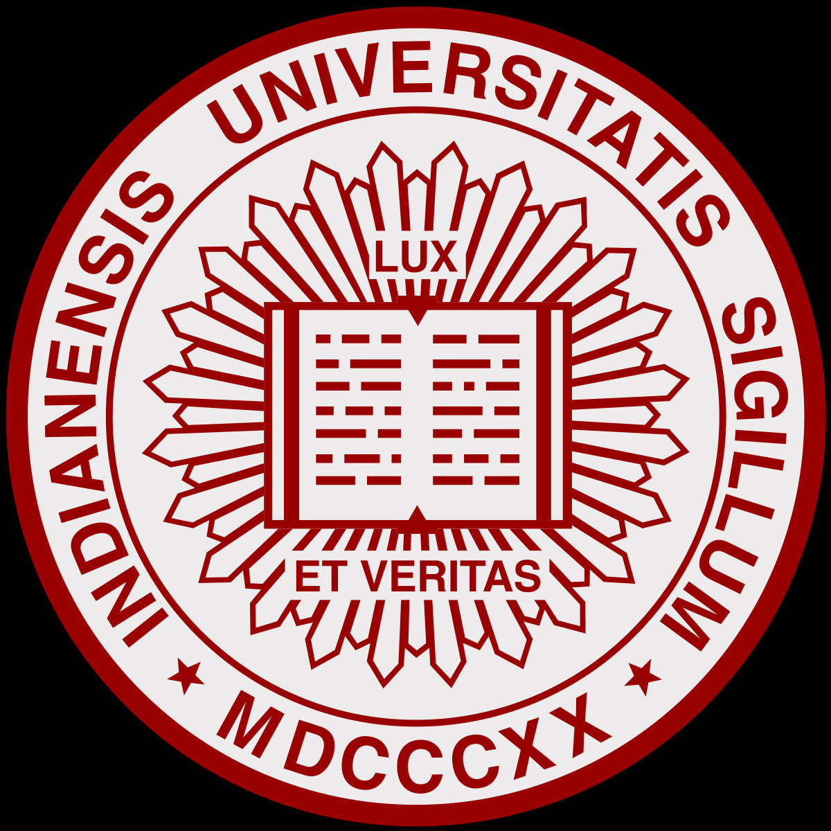 紅白大學印章，上面有打開的書和拉丁文格言，背景為黑色。
