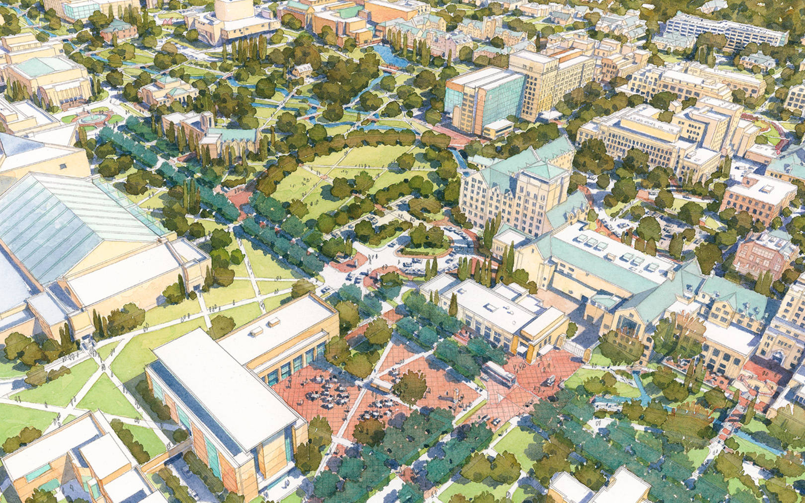 擁有綠地和建築物的大學校園的空中水彩景觀。
