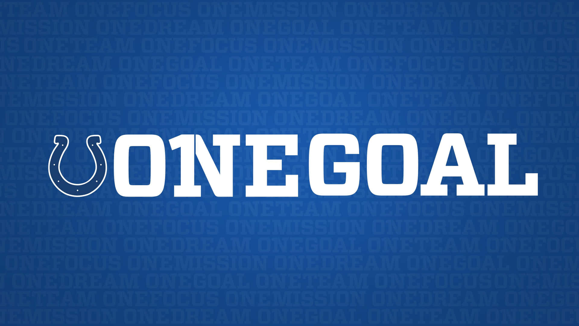 藍色背景上帶有白色「ONE GOAL」文字和馬蹄鐵標誌，重複激勵性短語。
