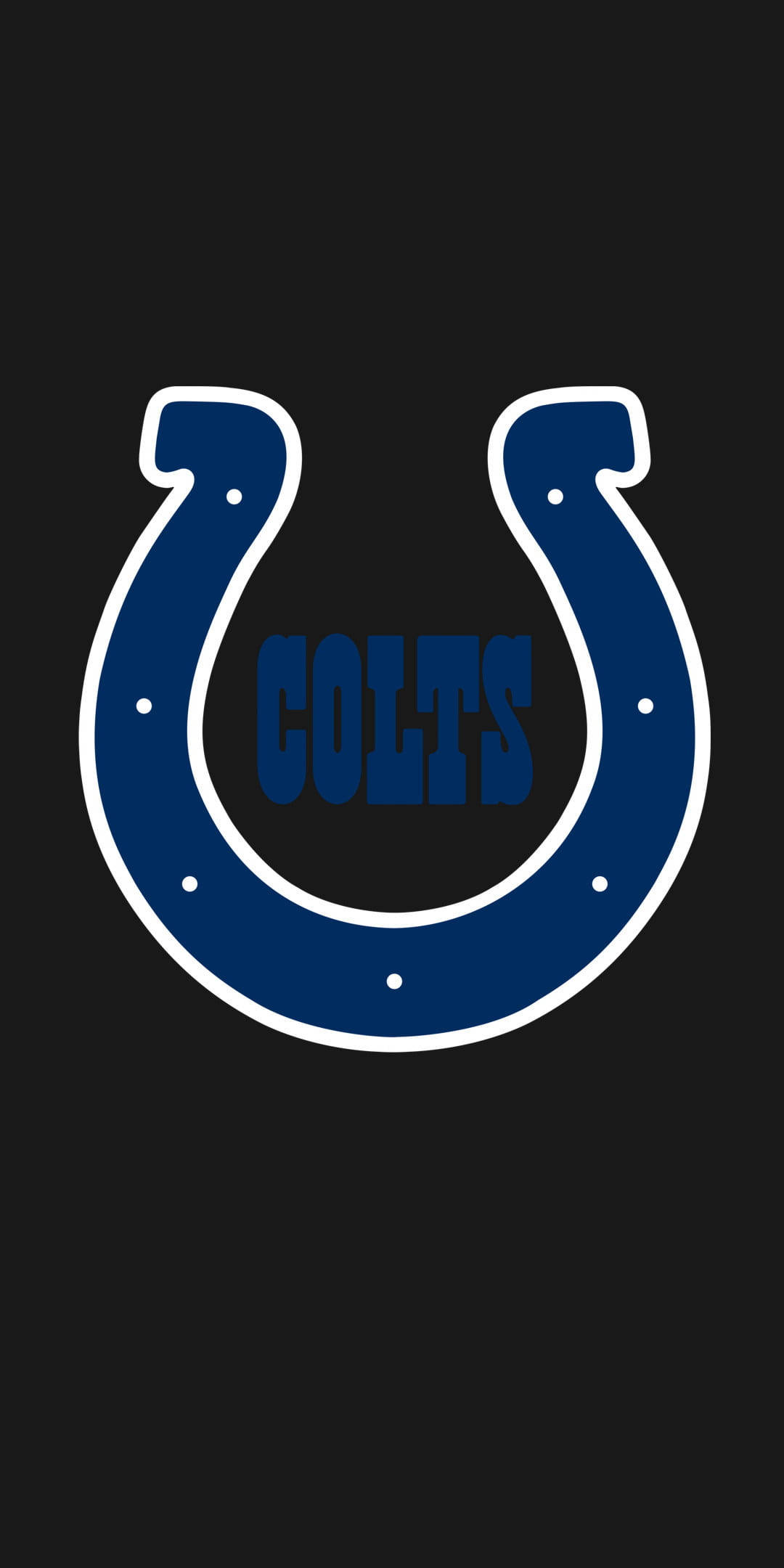 印第安納波利斯小馬隊馬蹄鐵 NFL 隊標 壁紙 — 大膽的藍色馬蹄鐵標誌，中央帶有 'COLTS' 文字，置於純黑色背景上。