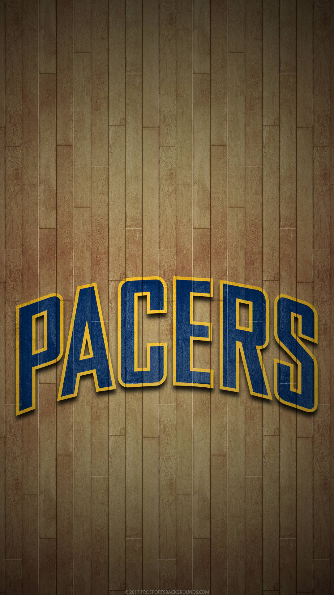 印第安納溜馬隊隊名色彩 壁紙 — 大膽的藍色和金色 'PACERS' 文字，帶有黃色輪廓，居中在拋光木質籃球場地板上。