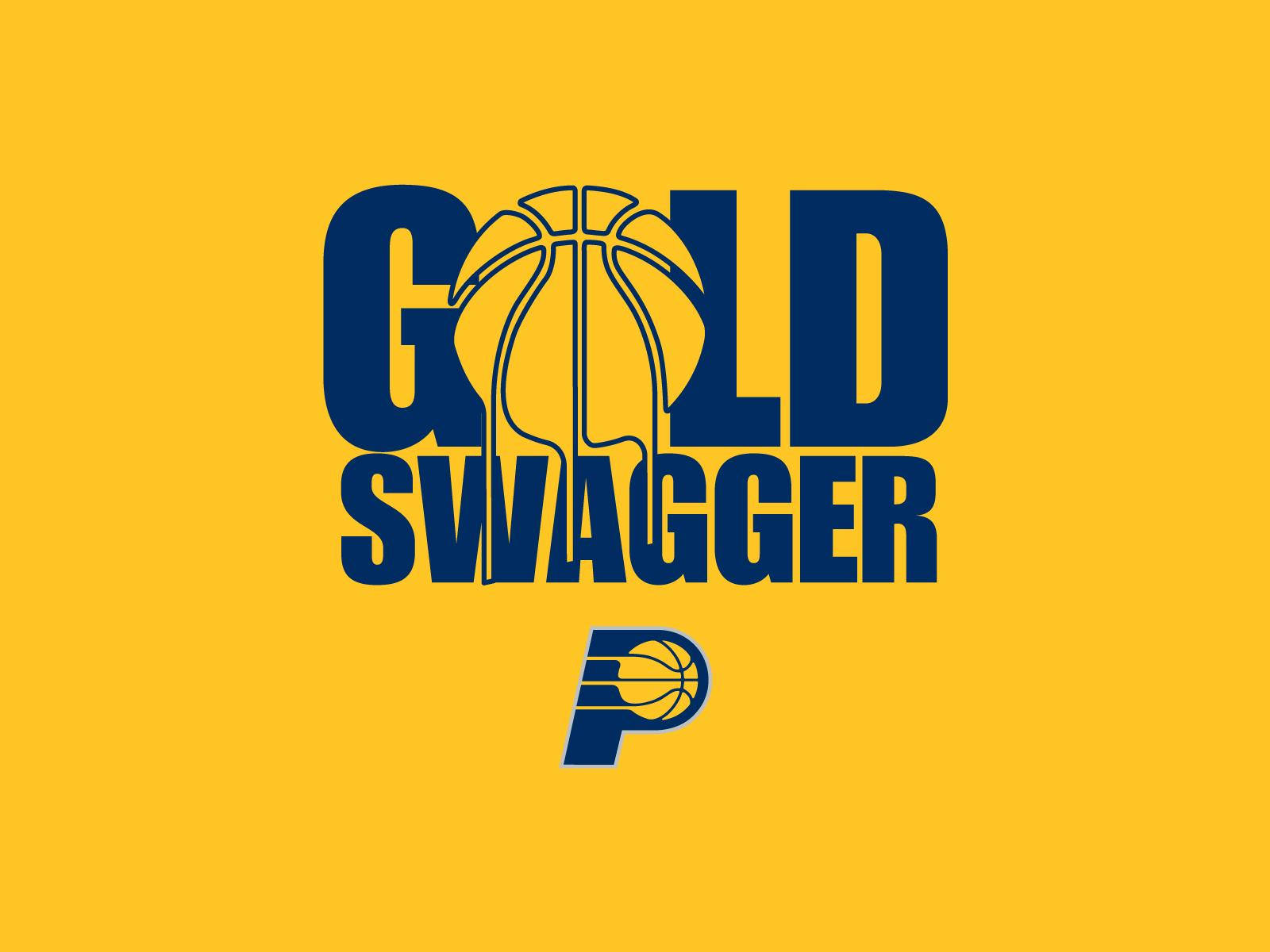印第安納金屬風采 壁紙 — 大膽的海軍藍文字 'GOLD SWAGGER'，籃球融入字母設計，背景為鮮黃色，下方有印第安納溜馬隊標誌。