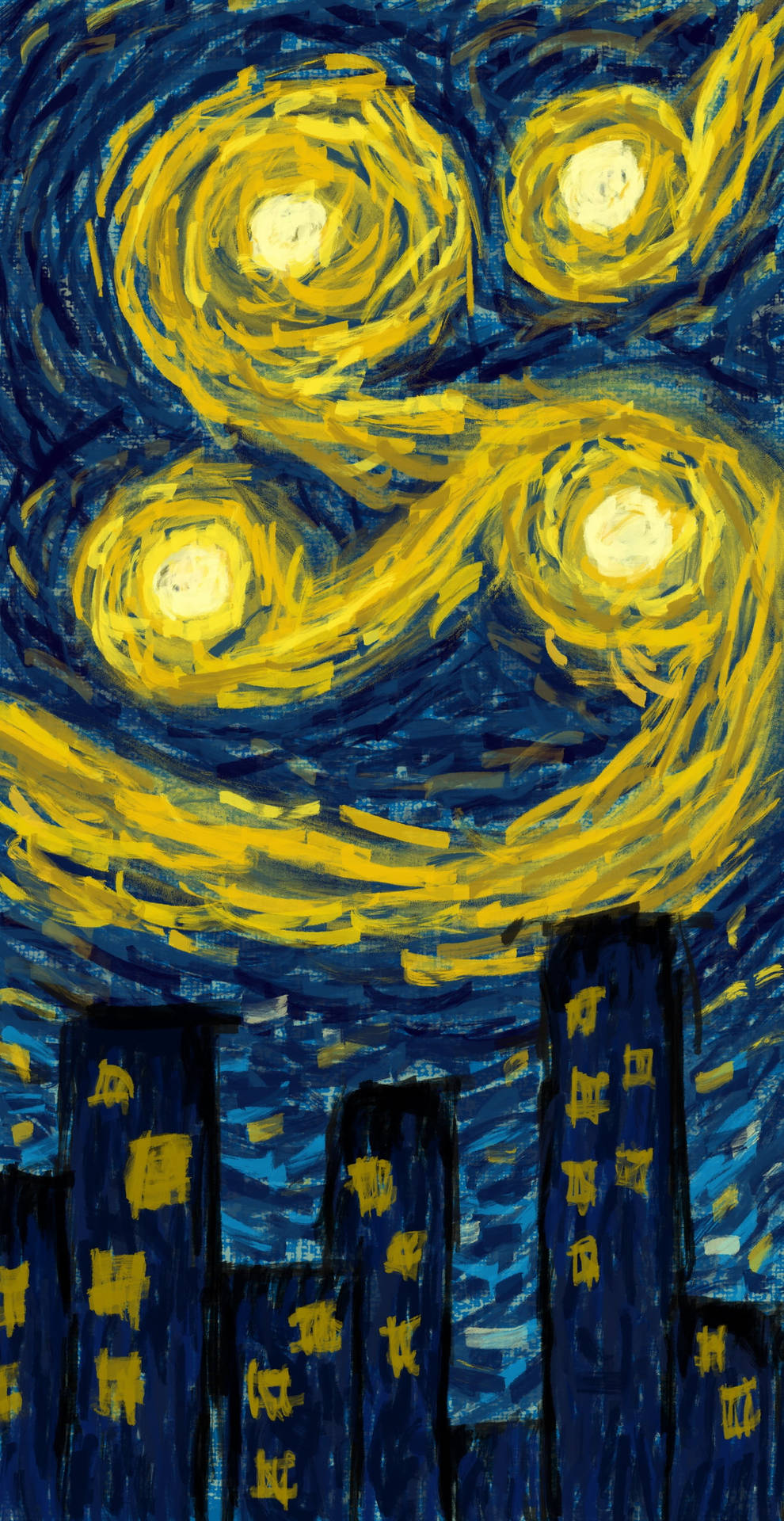 扭曲的夜空，明亮的星星在黑暗的城市建築上方，以漩渦筆觸繪製。