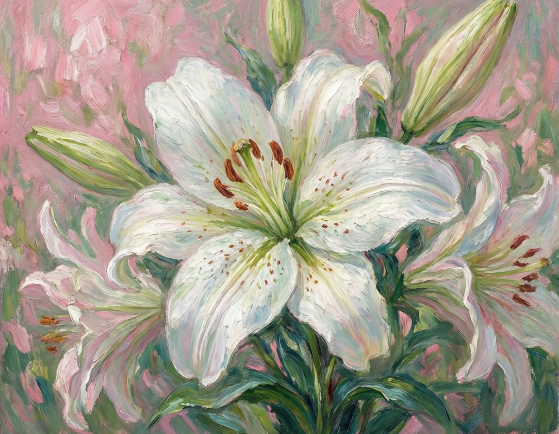 白色百合花，帶有橙色雄蕊和綠色花蕾，以紋理油畫繪製在粉紅色背景上