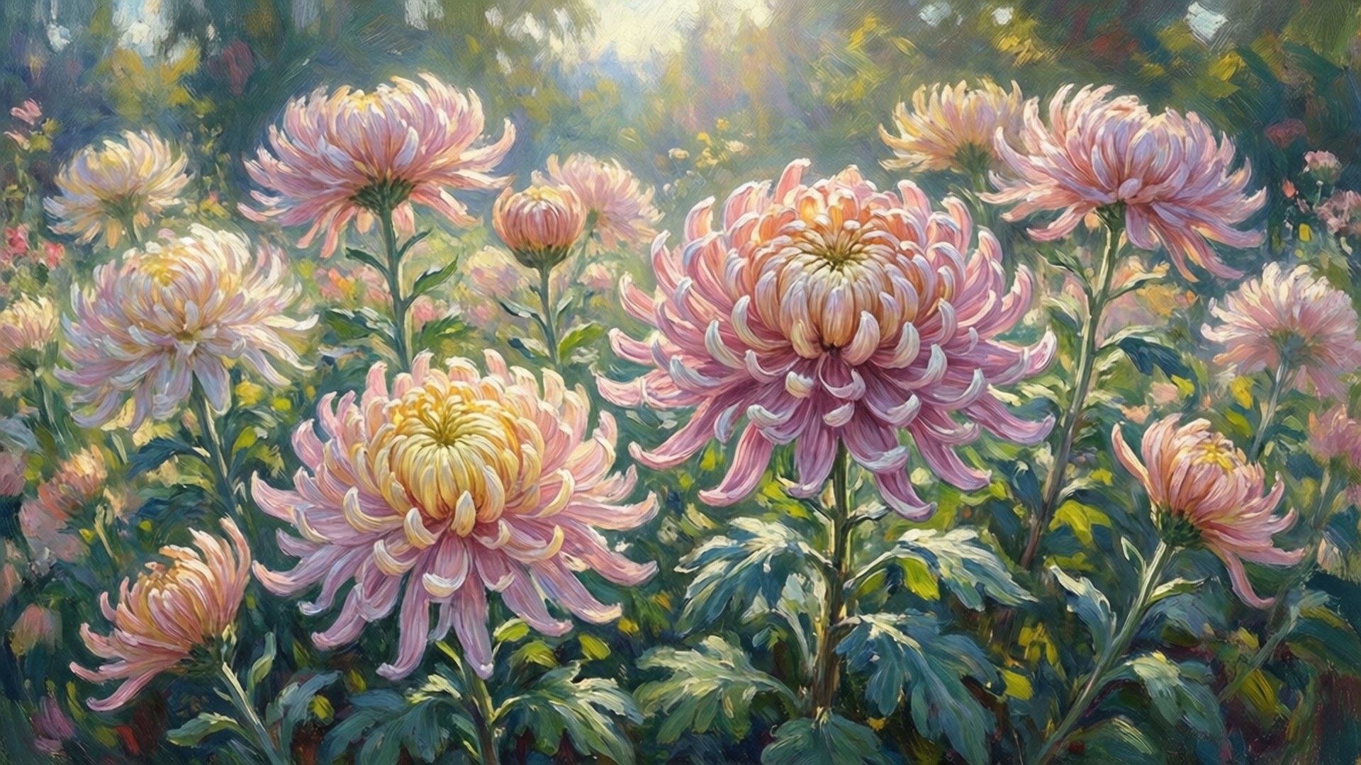 粉紅色和白色菊花在陽光明媚的花園中盛開，綠葉和斑駁的光線。