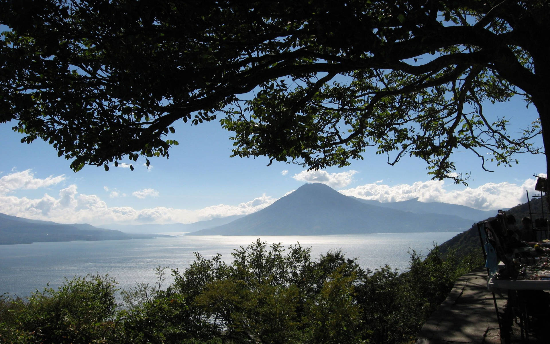風景如畫的湖泊，遠處有山，被樹枝框住。