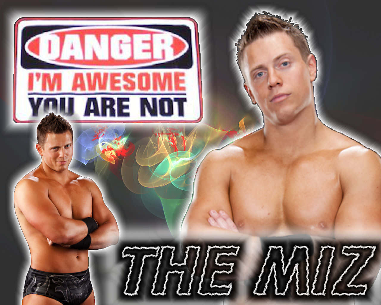 WWE摔角手The Miz手持「Danger I'm Awesome You Are Not」標牌和發光效果。